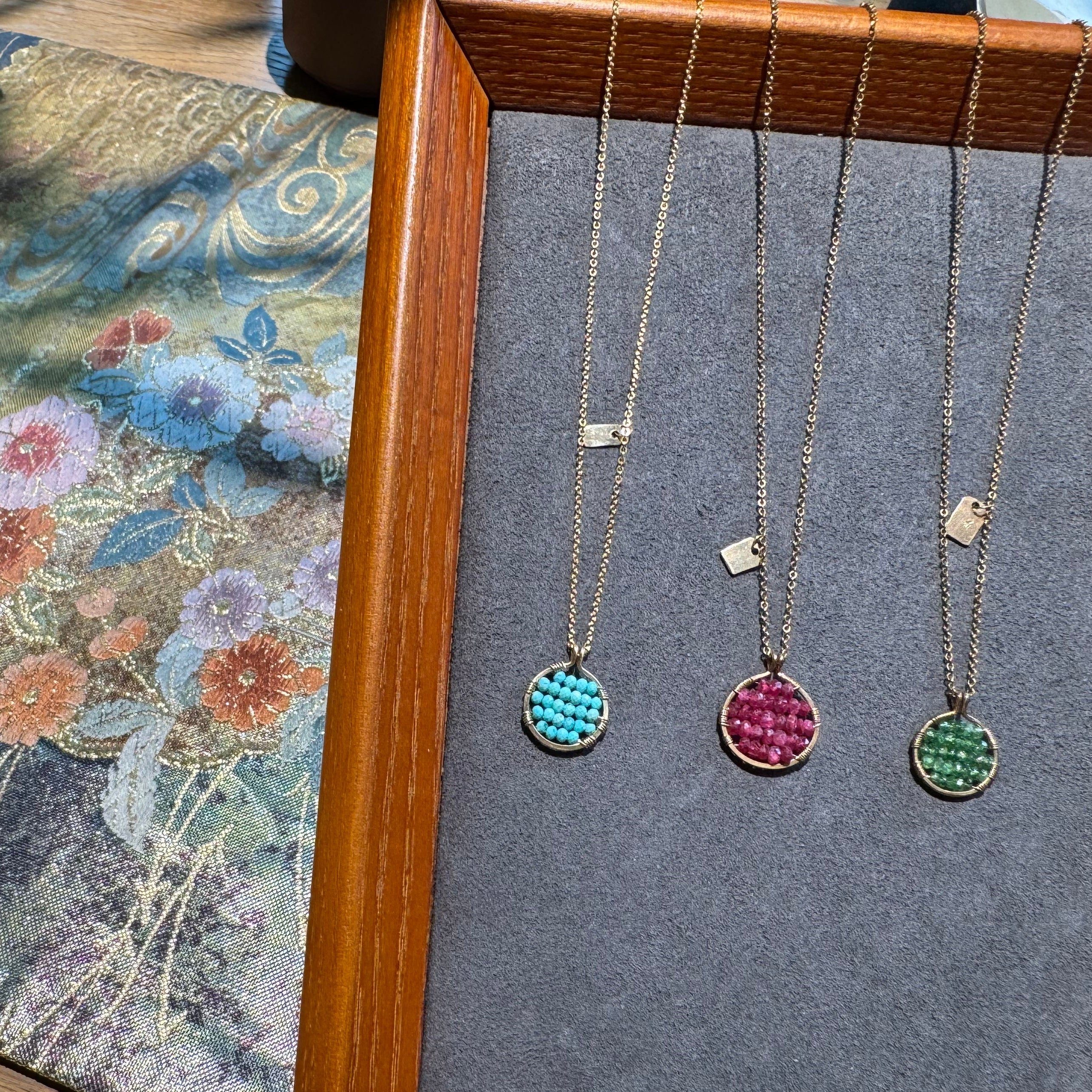 JY008 14k US gold | Exquisite necklace | Necklace + pendant | Chain length 40cm, 2-3cm extension | Natural ruby | Natural Turquoise | Natural tsavorite