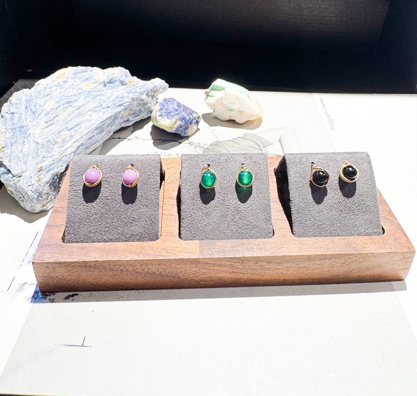 JY002 6-Color Natural Gemstone Stud Earrings — Obsidian / Moonstone / Sunstone / Red Agate / Green Agate / Lepidolite | 14K Gold-Filled Posts (US Standard)
