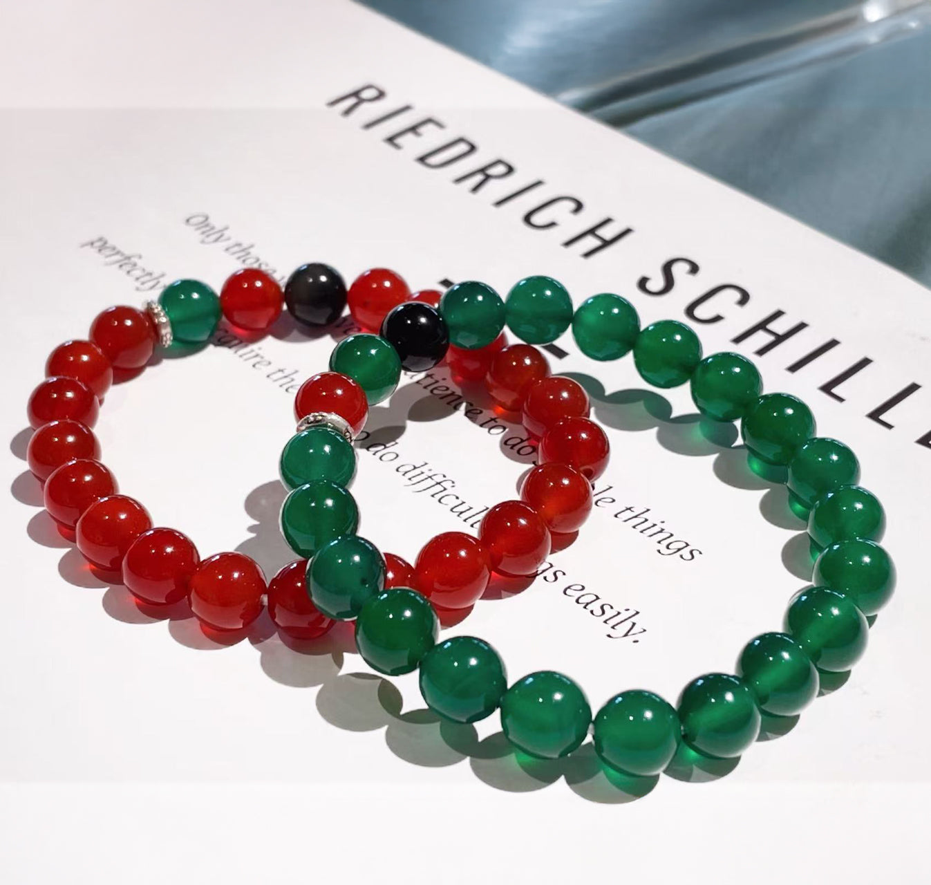 JY001 Natural Green Agate / Red Agate / Obsidian Beaded Bracelet — 8/10/12 mm Round Beads, Elastic Cord, Unisex