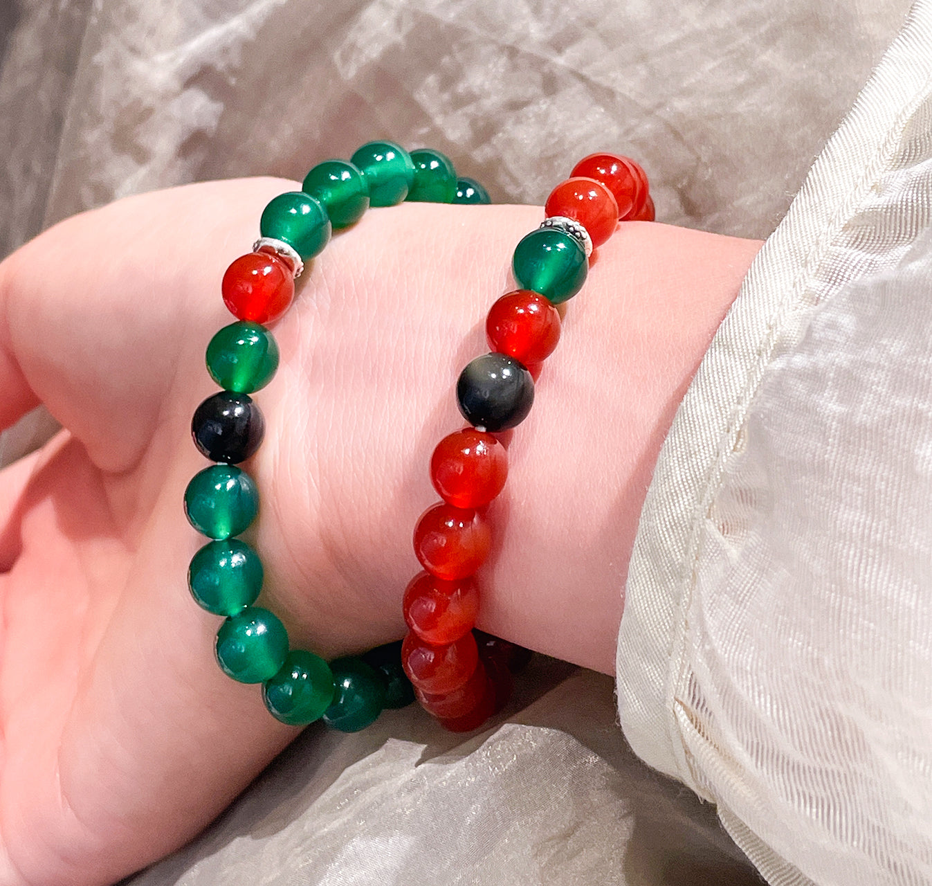 JY001 Natural Green Agate / Red Agate / Obsidian Beaded Bracelet — 8/10/12 mm Round Beads, Elastic Cord, Unisex